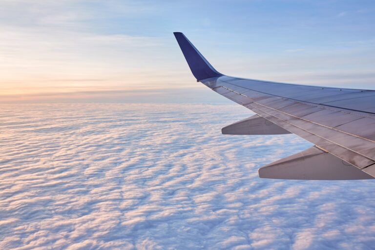 Aereo American Airlines con ala in volo al tramonto