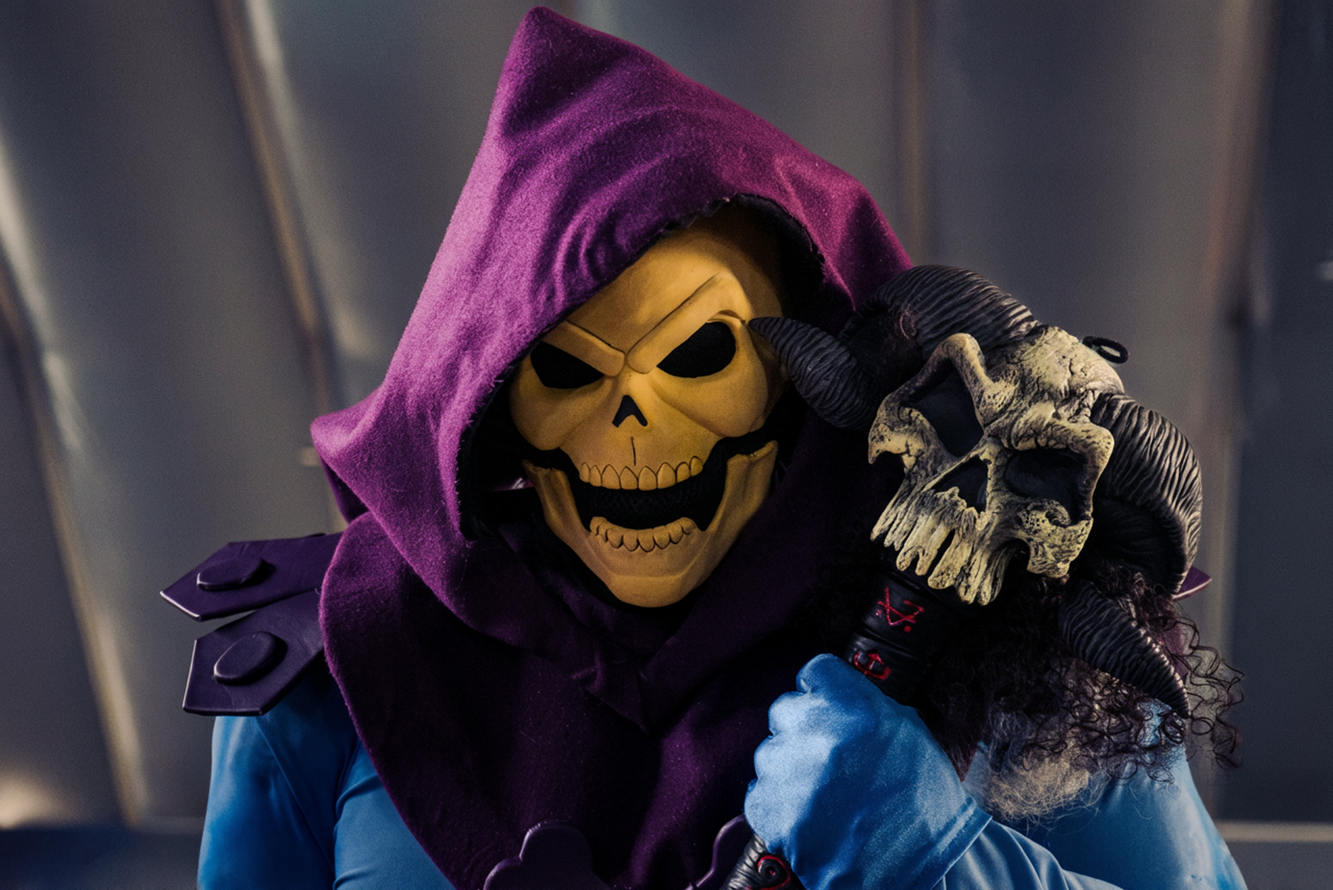 Skeletor, il villain di Masters of the Universe, con il suo teschio blu e l'espressione minacciosa