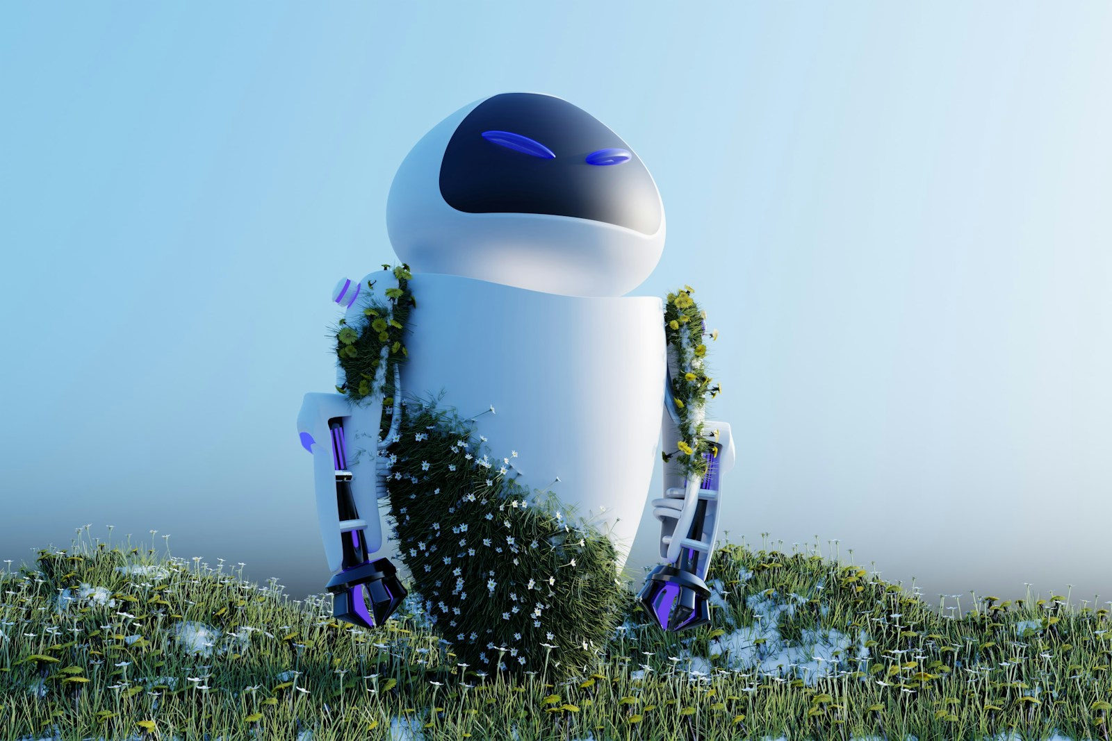 Concept art di Gen Atlas con robot gigante tra le rovine di una spiaggia futuristica